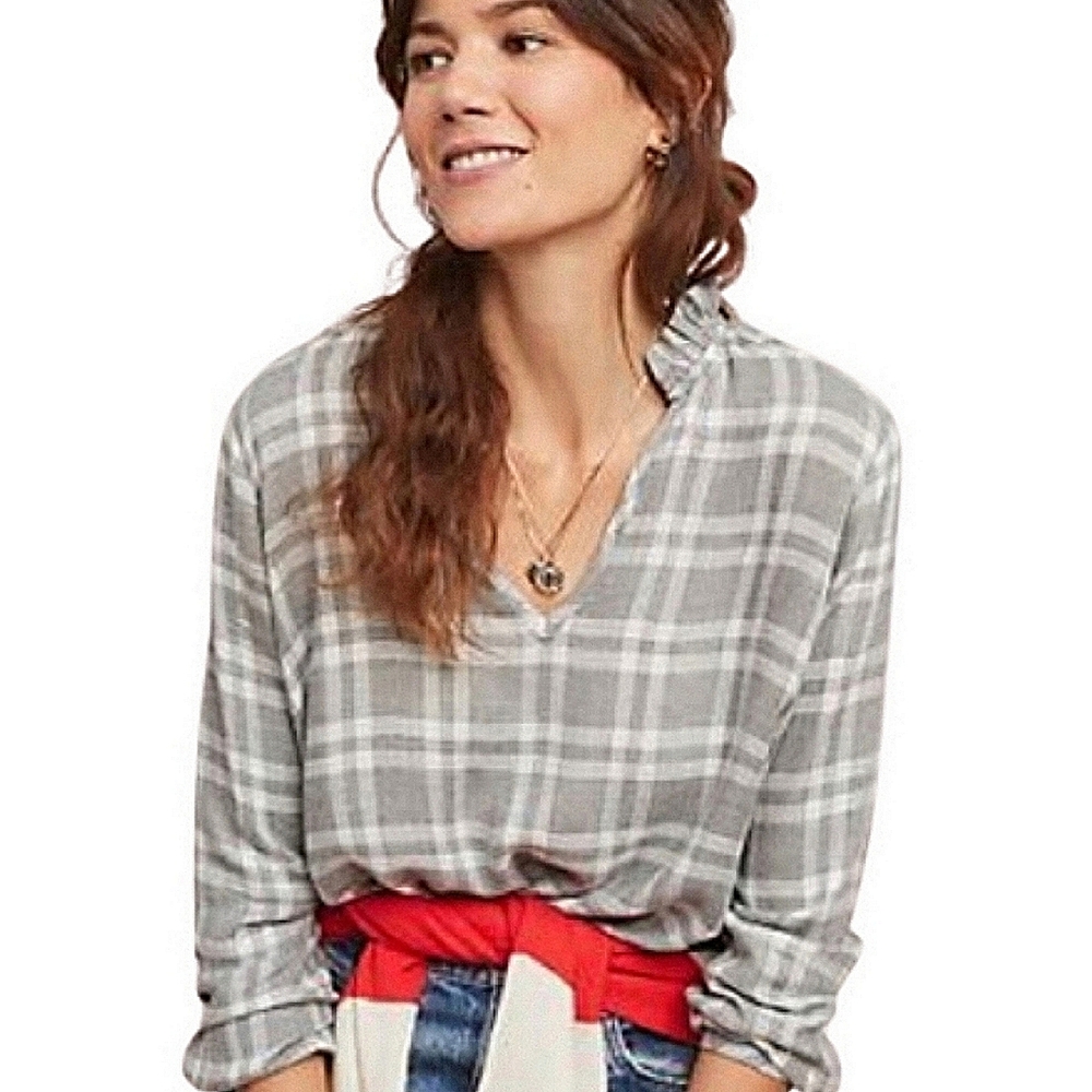 Anthropologie Cloth & Stone Plaid Ruffle Collar Top